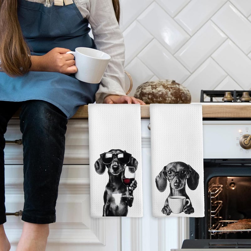 Mcehtle Dachshund Kitchen Towels Set of 2, Funny Kitchen Decor, Coffee Station Wine Bar Decor, Black and White Dog Owner Hand Towel, Wiener Lover Dining Room Kitchen Decorative Tea Towels 16x24 Inch - Image 3